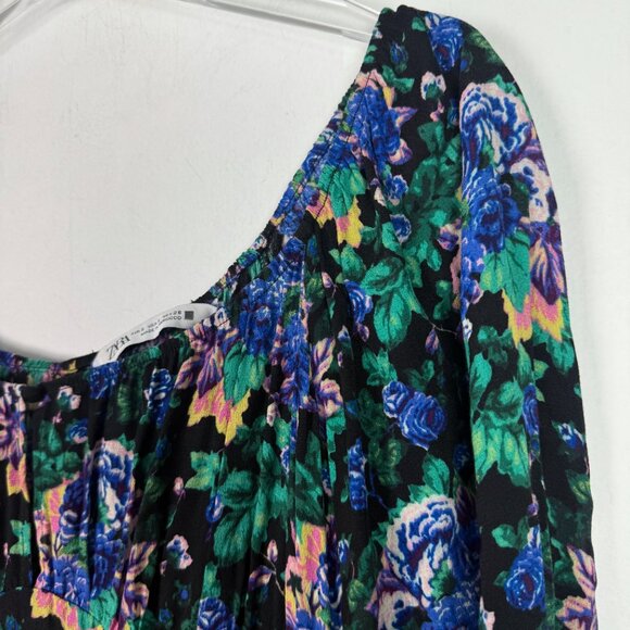 Zara Floral Long Sleeve Midi Dress Black Size Small S EUC - Picture 6 of 14